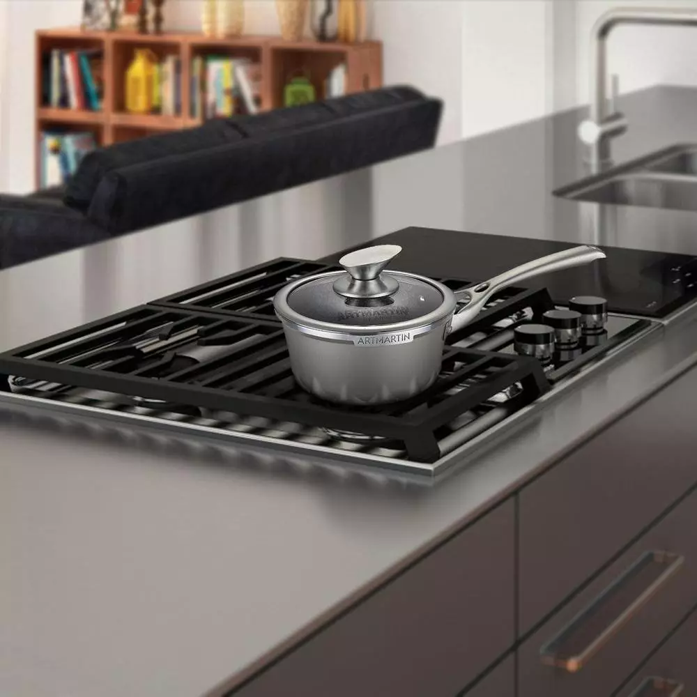 Artmartin 1.5 qt. Cast Aluminum Ceramic Nonstick Sauce Pan in Ash with Glass Lid by AMERCOOK 4 Artmartin 1.5 qt. Cast Aluminum Ceramic Nonstick Sauce Pan in Ash with Glass Lid by AMERCOOK - Image 2