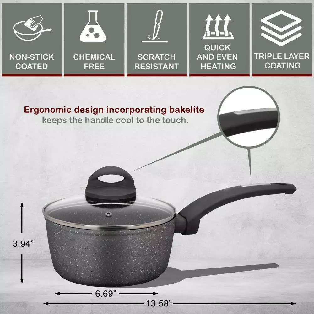 Lava Stone 1.5 qt. Aluminum Nonstick Sauce Pot in Gray with Glass Lid by AMERCOOK 4 Lava Stone 1.5 qt. Aluminum Nonstick Sauce Pot in Gray with Glass Lid by AMERCOOK - Image 2