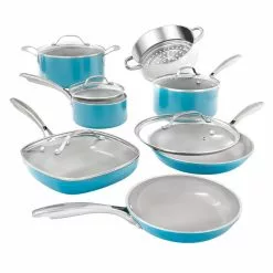 Aqua Blue 12-Piece Aluminum Ceramic Nonstick Cookware Set with Glass Lids by Gotham Steel