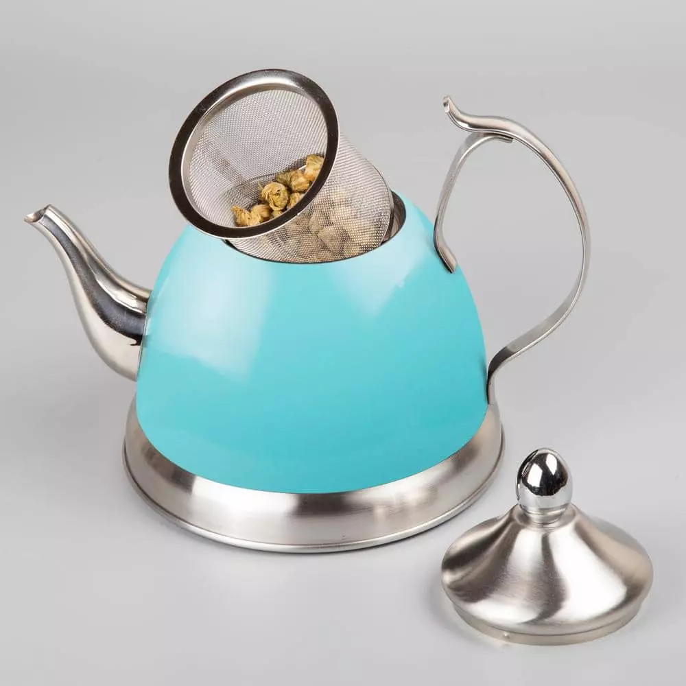Nobili-Tea 1.0 qt. Aqua Sky Stainless Steel Tea Kettle with Removable Infuser Basket, Aluminum Capsulated Bottom by Creative Home 5 Nobili-Tea 1.0 qt. Aqua Sky Stainless Steel Tea Kettle with Removable Infuser Basket, Aluminum Capsulated Bottom by Creative Home - Image 3