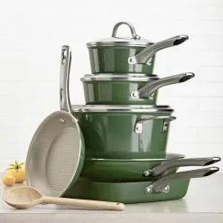 Ayesha Home Collection Porcelain Enamel Nonstick Cookware Set, 10-Piece, Basil Green by Ayesha Curry -Cookware Sales Shop basil green ayesha curry pot pan sets 10295 44 1000