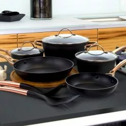 Allsberg 10-Piece Aluminum Nonstick Cookware Set in Black and Bronze by Oster -Cookware Sales Shop black and bronze oster pot pan sets 985112752m 31 1000