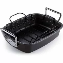17 in. x 13 in. 12 qt. Black Aluminum Nonstick Roasting Pans with Rack by Cook N Home