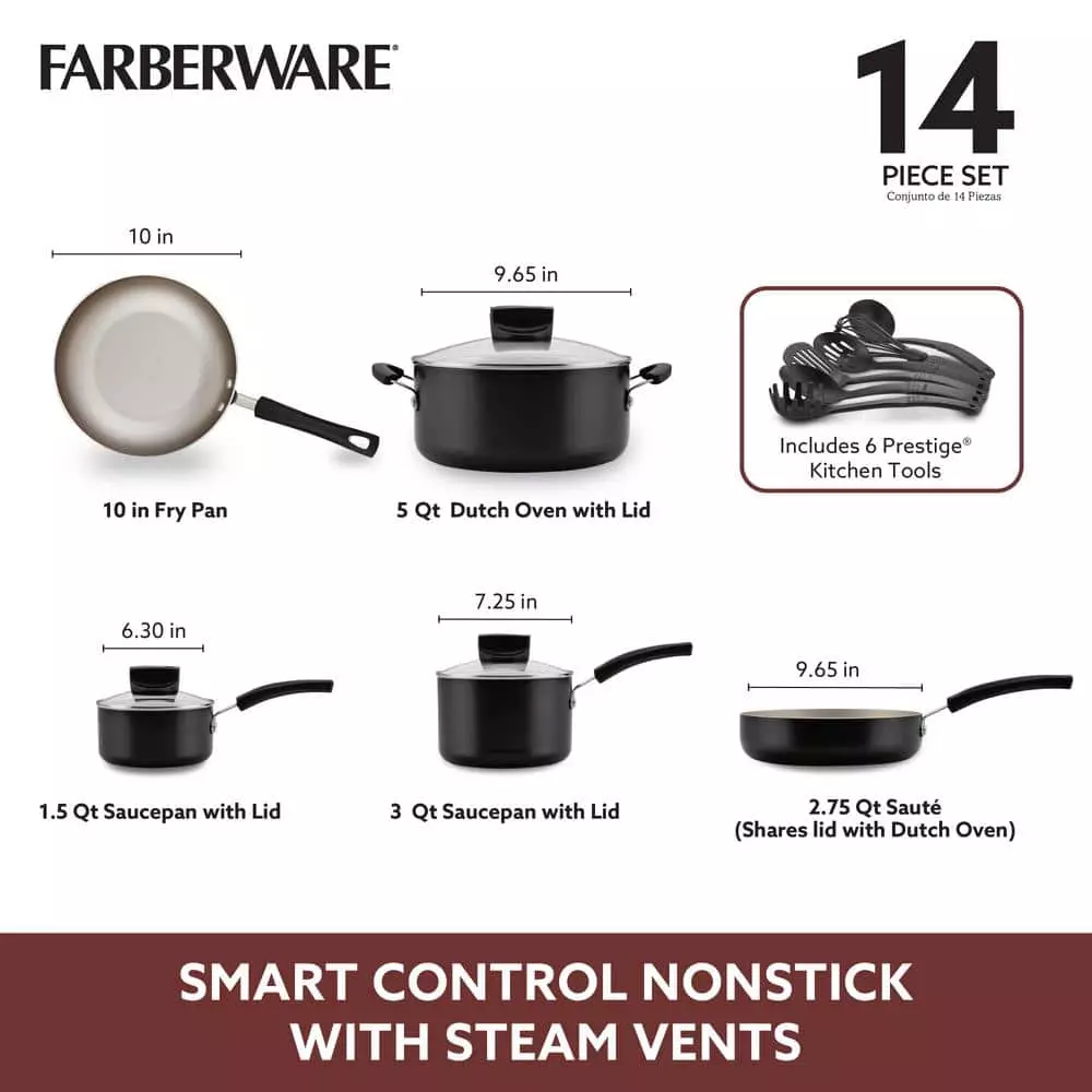 Farberware Black 14-Piece Smart Control Cookware Nonstick Pots and Pans Set 6 Farberware Black 14-Piece Smart Control Cookware Nonstick Pots and Pans Set - Image 4