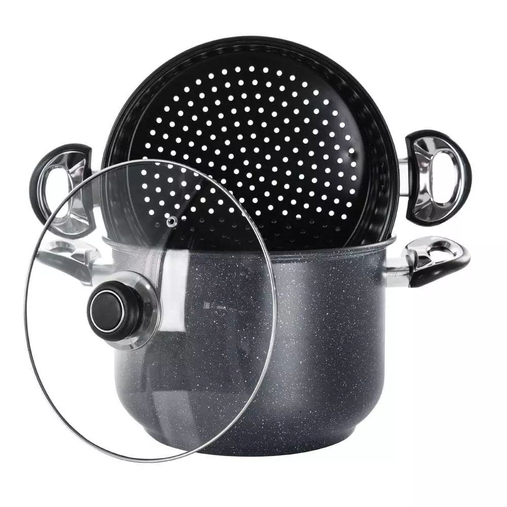 Leighton 3-Piece 8.5 Qt. Steel Nonstick Pasta Pot with Steamer in Black by GIBSON HOME 3 Leighton 3-Piece 8.5 Qt. Steel Nonstick Pasta Pot with Steamer in Black by GIBSON HOME