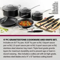 17-Piece Aluminum Ultra-Durable Nonstick Diamond Infused Knives and Cookware Set with Cutting Board by Granite Stone Diamond 10 17-Piece Aluminum Ultra-Durable Nonstick Diamond Infused Knives and Cookware Set with Cutting Board by Granite Stone Diamond -Cookware Sales Shop black granite stone diamond pot pan sets 8305 4f 1000