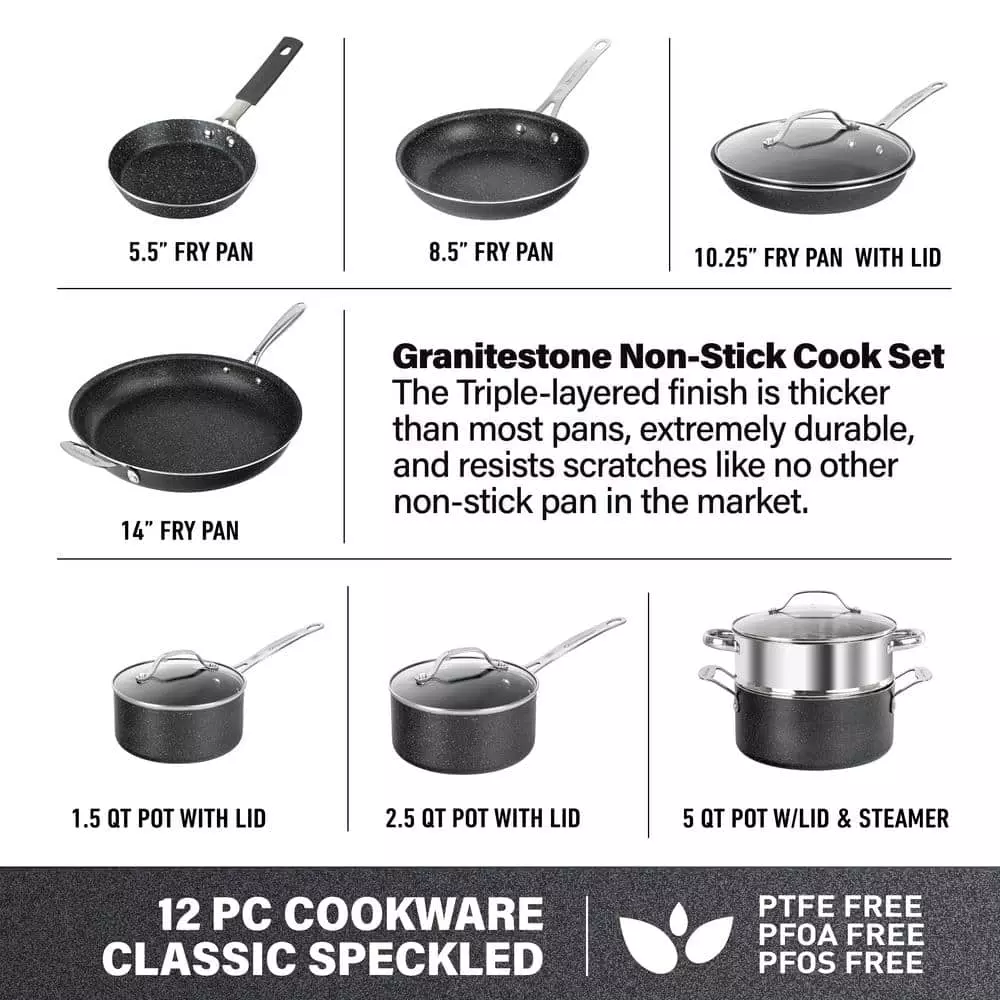 12-Piece Aluminum Ultra Durable Diamond Infused Nonstick Cookware Set with Glass Lids by GRANITESTONE 5 12-Piece Aluminum Ultra Durable Diamond Infused Nonstick Cookware Set with Glass Lids by GRANITESTONE - Image 3