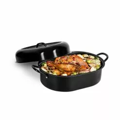 8.8 qt. Aluminum Nonstick Diamond Infused Coating Covered Oval Roasting Pan with Lid by GRANITESTONE