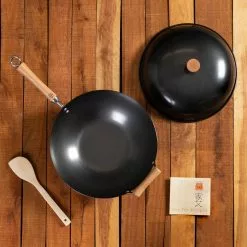 Joyce Chen 4-Piece Wok Set with Black Carbon Steel Non-Stick Wok, High Dome Lid, 12" Bamboo Spatula, and Recipe Booklet by Honey-Can-Do
