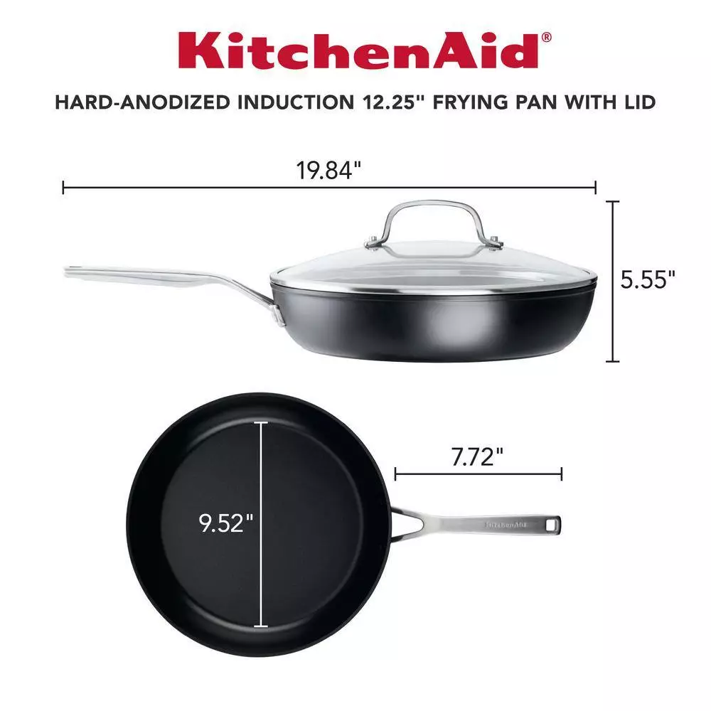 12.25 in. Hard-Anodized Induction Aluminum Nonstick Frying Pan with Lid Black Matte by KitchenAid 6 12.25 in. Hard-Anodized Induction Aluminum Nonstick Frying Pan with Lid Black Matte by KitchenAid - Image 4