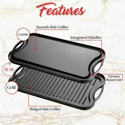19.96 in. Kitchen Flat Grill Plate Pan Reversible Cast Iron Griddle Classic Flat Grill Pan Design with Scraper by NutriChef -Cookware Sales Shop black nutrichef grill pans nccirg64 1f 1000