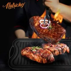 19.96 in. Kitchen Flat Grill Plate Pan Reversible Cast Iron Griddle Classic Flat Grill Pan Design with Scraper by NutriChef -Cookware Sales Shop black nutrichef grill pans nccirg64 31 1000