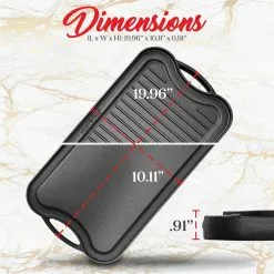 19.96 in. Kitchen Flat Grill Plate Pan Reversible Cast Iron Griddle Classic Flat Grill Pan Design with Scraper by NutriChef -Cookware Sales Shop black nutrichef grill pans nccirg64 4f 1000