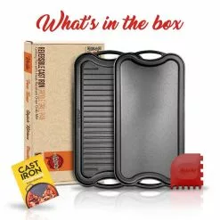 19.96 in. Kitchen Flat Grill Plate Pan Reversible Cast Iron Griddle Classic Flat Grill Pan Design with Scraper by NutriChef -Cookware Sales Shop black nutrichef grill pans nccirg64 fa 1000