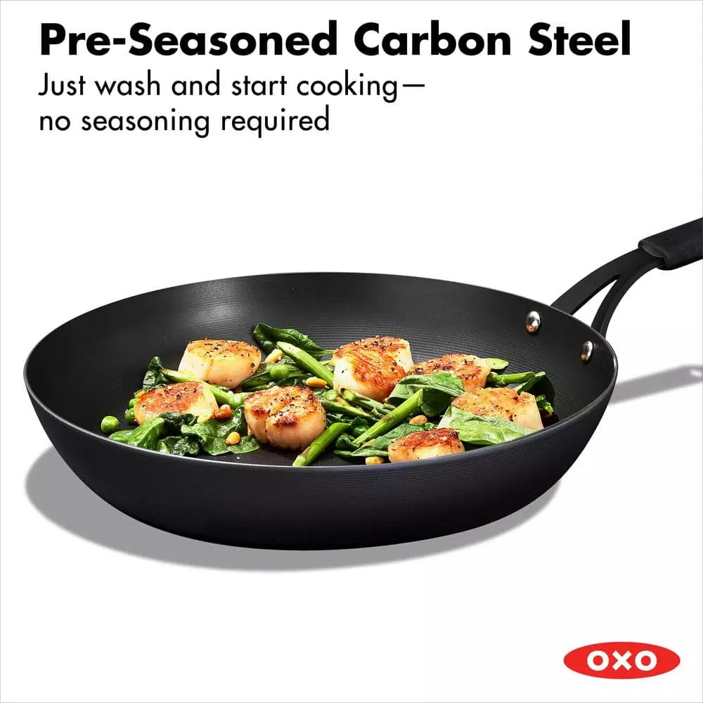Black Steel 12 in. Pre-Seasoned Carbon Steel Induction Safe Frying Pan with Silicone Sleeve in Black by OXO 5 Black Steel 12 in. Pre-Seasoned Carbon Steel Induction Safe Frying Pan with Silicone Sleeve in Black by OXO - Image 3