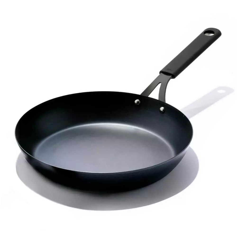 Black Steel 12 in. Pre-Seasoned Carbon Steel Induction Safe Frying Pan with Silicone Sleeve in Black by OXO 3 Black Steel 12 in. Pre-Seasoned Carbon Steel Induction Safe Frying Pan with Silicone Sleeve in Black by OXO
