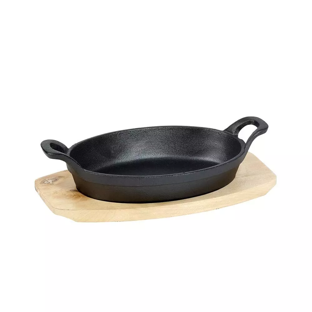 2-Piece Oval Sizzler Set 9 in. Pre-Seasoned Cast Iron w/ Wood Trivet by Unbranded 3 2-Piece Oval Sizzler Set 9 in. Pre-Seasoned Cast Iron w/ Wood Trivet by Unbranded