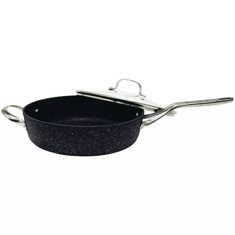 The Rock 11 in. Aluminum Nonstick Frying Pan in Black Speckle with Glass Lid by Starfrit 8 The Rock 11 in. Aluminum Nonstick Frying Pan in Black Speckle with Glass Lid by Starfrit - Image 6