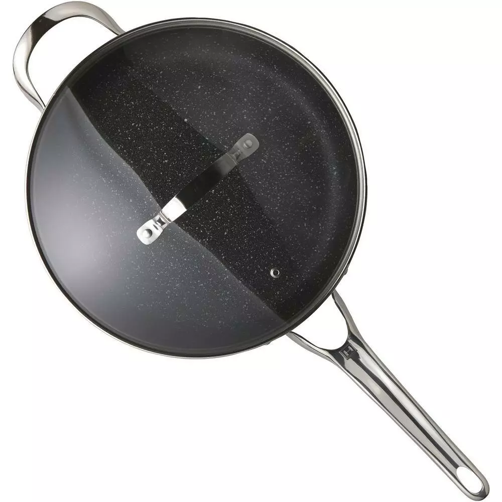 The Rock 11 in. Aluminum Nonstick Frying Pan in Black Speckle with Glass Lid by Starfrit 5 The Rock 11 in. Aluminum Nonstick Frying Pan in Black Speckle with Glass Lid by Starfrit - Image 3