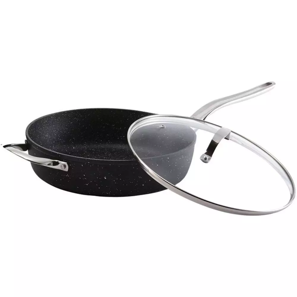 The Rock 11 in. Aluminum Nonstick Frying Pan in Black Speckle with Glass Lid by Starfrit 6 The Rock 11 in. Aluminum Nonstick Frying Pan in Black Speckle with Glass Lid by Starfrit - Image 4