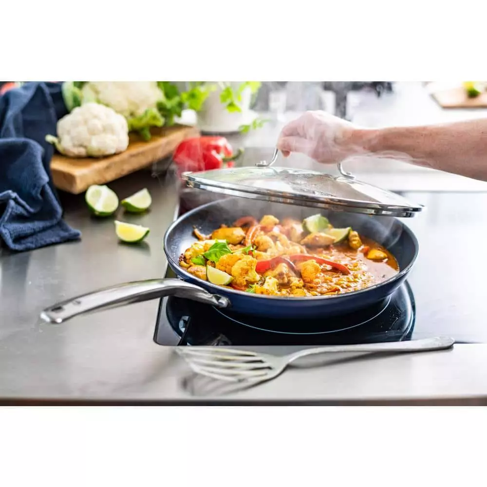 12 in. Aluminum Ceramic Nonstick Frying Pan in Blue with Glass Lid by Blue Diamond 7 12 in. Aluminum Ceramic Nonstick Frying Pan in Blue with Glass Lid by Blue Diamond - Image 5