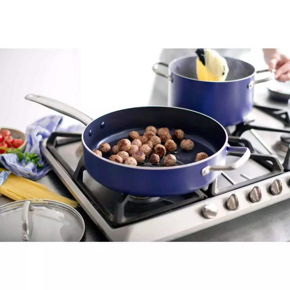 5 qt. Aluminum Ceramic Nonstick Saute Pan in Blue with Glass Lid by Blue Diamond 5 5 qt. Aluminum Ceramic Nonstick Saute Pan in Blue with Glass Lid by Blue Diamond - Image 3