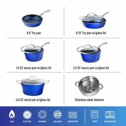 10-Piece Aluminum Hammered Ultra-Durable Non-Stick Diamond Infused Cookware Set in Classic Blue by Granite Stone Diamond -Cookware Sales Shop blue granite stone diamond skillets 7764 c3 1000