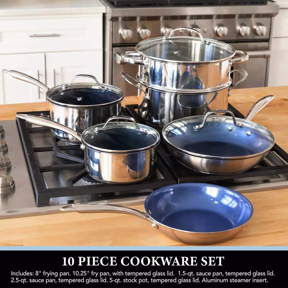 Classic Blue 10-Piece Stainless Steel Tri-Ply Nonstick Diamond Infused Coating Cookware Set by GRANITESTONE 4 Classic Blue 10-Piece Stainless Steel Tri-Ply Nonstick Diamond Infused Coating Cookware Set by GRANITESTONE - Image 2