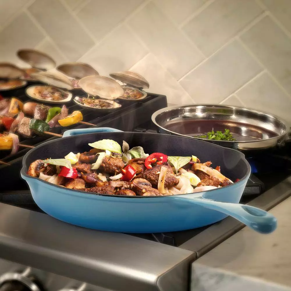 12 in. Cast Iron Nonstick Skillet in Blue by MegaChef 8 12 in. Cast Iron Nonstick Skillet in Blue by MegaChef - Image 6