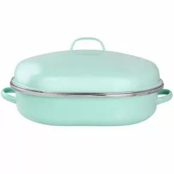 18 in. 8 qt. Martha Blue Enamel on Steel Oval Roasting Pan with Rack and Lid by MARTHA STEWART