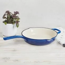 10 in. Cast Iron Frying Pan with Helper Handle by MasterPRO 16 10 in. Cast Iron Frying Pan with Helper Handle by MasterPRO -Cookware Sales Shop blue skillets mpus16323blu fa 1000