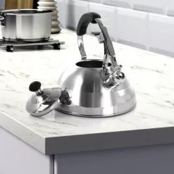 12-Cup Brushed Silver Stainless Steel Whistling Kettle by MegaChef -Cookware Sales Shop brushed silver megachef tea kettles 985114591m 31 1000