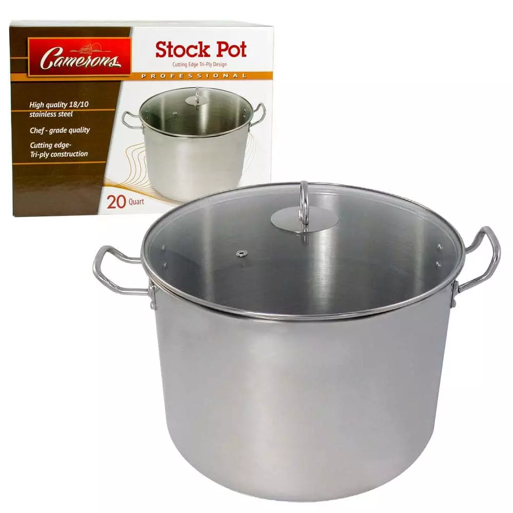 Professional 20 qt. Stamped Steel Stock Pot in Stainless Steel with Glass Lid by Camerons Products 3 Professional 20 qt. Stamped Steel Stock Pot in Stainless Steel with Glass Lid by Camerons Products
