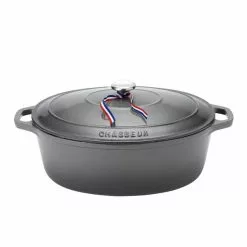 French Enameled 6 qt. Oval Cast Iron Dutch Oven in Caviar Grey with Lid by Chasseur