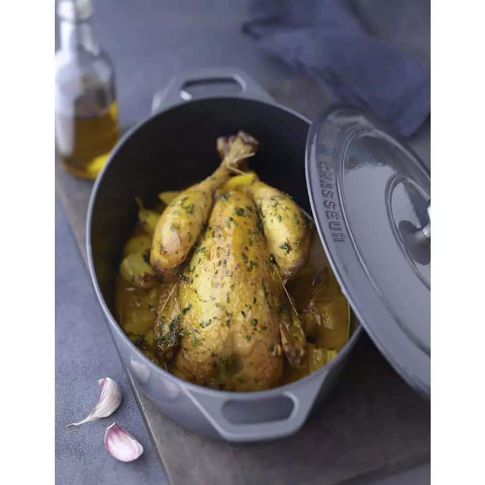 French Enameled 6 qt. Oval Cast Iron Dutch Oven in Caviar Grey with Lid by Chasseur 4 French Enameled 6 qt. Oval Cast Iron Dutch Oven in Caviar Grey with Lid by Chasseur - Image 2