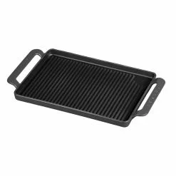 French Enameled 9.75 in. Cast Iron Grill Pan in Caviar Grey by Chasseur