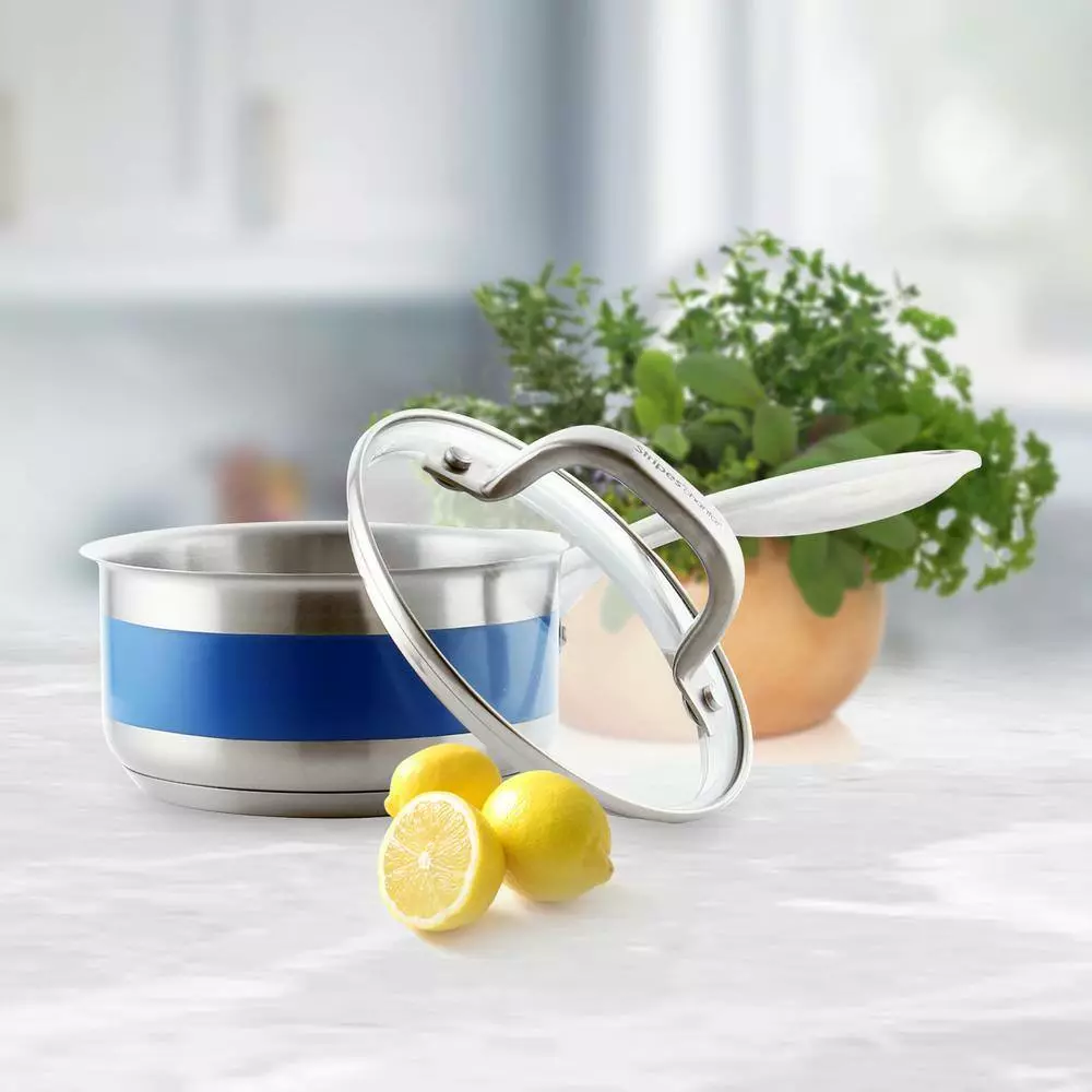 Stripes 1 qt. Stainless Steel Sauce Pan in Brushed Stainless Steel with Glass Lid and Blue Cove Band by Chantal 4 Stripes 1 qt. Stainless Steel Sauce Pan in Brushed Stainless Steel with Glass Lid and Blue Cove Band by Chantal - Image 2