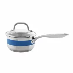 Stripes 1 qt. Stainless Steel Sauce Pan in Brushed Stainless Steel with Glass Lid and Blue Cove Band by Chantal