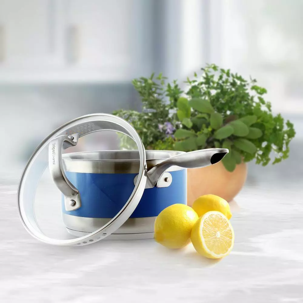 Stripes 2.5 qt. Stainless Steel Pouring Sauce Pan in Brushed Stainless Steel with Glass Lid and Blue Cove Band by Chantal 4 Stripes 2.5 qt. Stainless Steel Pouring Sauce Pan in Brushed Stainless Steel with Glass Lid and Blue Cove Band by Chantal - Image 2