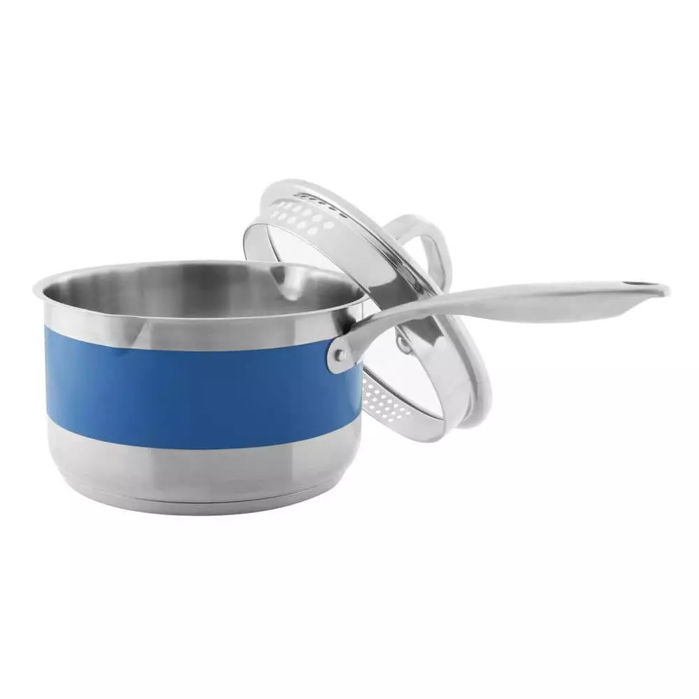 Stripes 2.5 qt. Stainless Steel Pouring Sauce Pan in Brushed Stainless Steel with Glass Lid and Blue Cove Band by Chantal 3 Stripes 2.5 qt. Stainless Steel Pouring Sauce Pan in Brushed Stainless Steel with Glass Lid and Blue Cove Band by Chantal