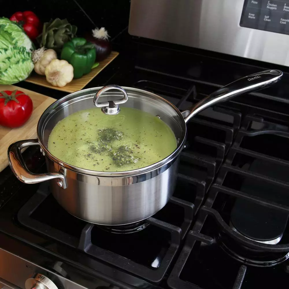 Induction 21 Steel 3.5 qt. Stainless Steel Sauce Pan in Brushed Stainless Steel with Glass Lid by Chantal 8 Induction 21 Steel 3.5 qt. Stainless Steel Sauce Pan in Brushed Stainless Steel with Glass Lid by Chantal - Image 6