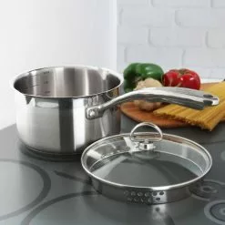Induction 21 Steel 2.5 qt. Stainless Steel Pour-Spout Sauce Pan in Brushed Stainless Steel with Strainer Glass Lid by Chantal -Cookware Sales Shop chantal sauce pans slin35 p18 1f 1000