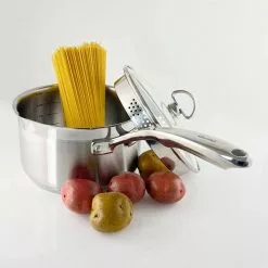 Induction 21 Steel 2.5 qt. Stainless Steel Pour-Spout Sauce Pan in Brushed Stainless Steel with Strainer Glass Lid by Chantal -Cookware Sales Shop chantal sauce pans slin35 p18 31 1000