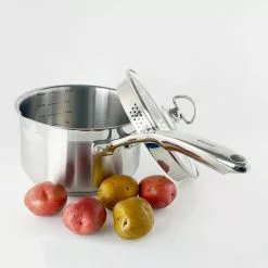 Induction 21 Steel 2.5 qt. Stainless Steel Pour-Spout Sauce Pan in Brushed Stainless Steel with Strainer Glass Lid by Chantal -Cookware Sales Shop chantal sauce pans slin35 p18 44 1000