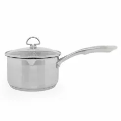Induction 21 Steel 2.5 qt. Stainless Steel Pour-Spout Sauce Pan in Brushed Stainless Steel with Strainer Glass Lid by Chantal -Cookware Sales Shop chantal sauce pans slin35 p18 4f 1000