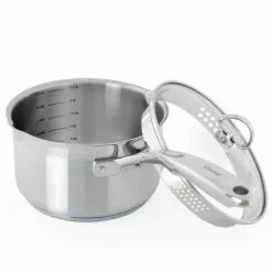 Induction 21 Steel 2.5 qt. Stainless Steel Pour-Spout Sauce Pan in Brushed Stainless Steel with Strainer Glass Lid by Chantal