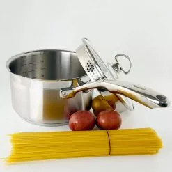 Induction 21 Steel 2.5 qt. Stainless Steel Pour-Spout Sauce Pan in Brushed Stainless Steel with Strainer Glass Lid by Chantal -Cookware Sales Shop chantal sauce pans slin35 p18 fa 1000