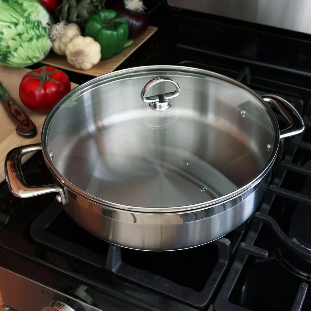 Induction 21 Steel 5 qt. Stainless Steel Saute Pan in Brushed Stainless Steel with Glass Lid by Chantal 4 Induction 21 Steel 5 qt. Stainless Steel Saute Pan in Brushed Stainless Steel with Glass Lid by Chantal - Image 2