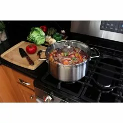 Induction 21 Steel 6 qt. Round Stainless Steel Casserole Dish in Brushed Stainless Steel with Glass Lid by Chantal -Cookware Sales Shop chantal stock pots slin32 240 31 1000