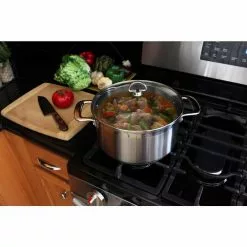 Induction 21 Steel 6 qt. Round Stainless Steel Casserole Dish in Brushed Stainless Steel with Glass Lid by Chantal -Cookware Sales Shop chantal stock pots slin32 240 44 1000